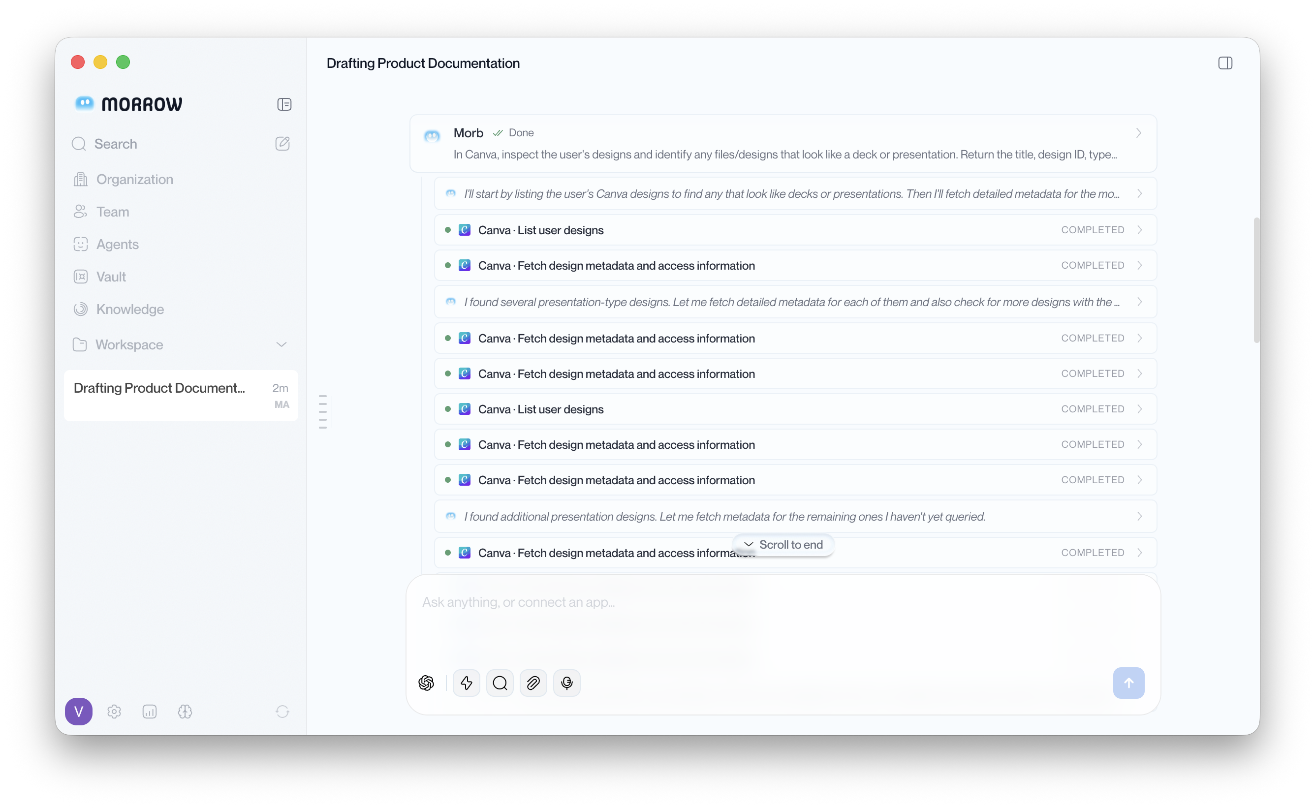 Morrow agent drafting product documentation with Canva